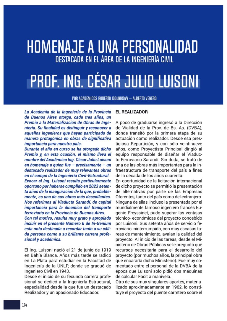 Lee más sobre el artículo Homenaje a una personalidad destacada en el área de la ingeniería civil prof. ing. César Julio Luisoni